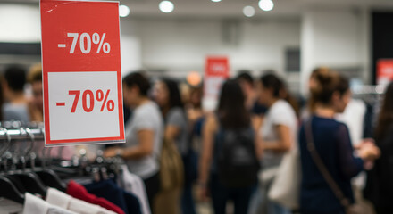 Shoppers browsing in retail store during sale with discount signs  