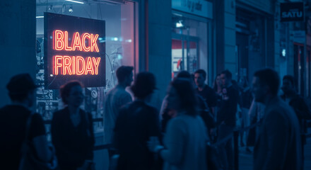 Crowds of shoppers waiting outside store with Black Friday sign  