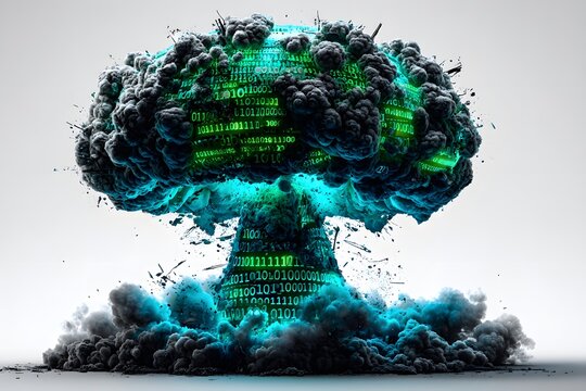Digitale Illustration einer Atompilz-Explosion mit umgebenden binaeren Datenstroemen, futuristisches KI-Konzept