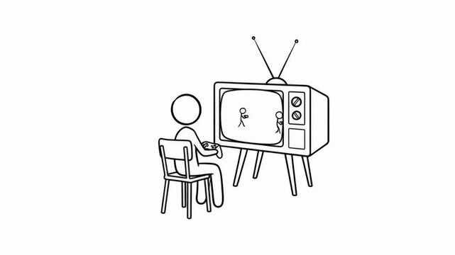 outline stickman figure sitting and playing video game in monitor with snack beside. black and white style