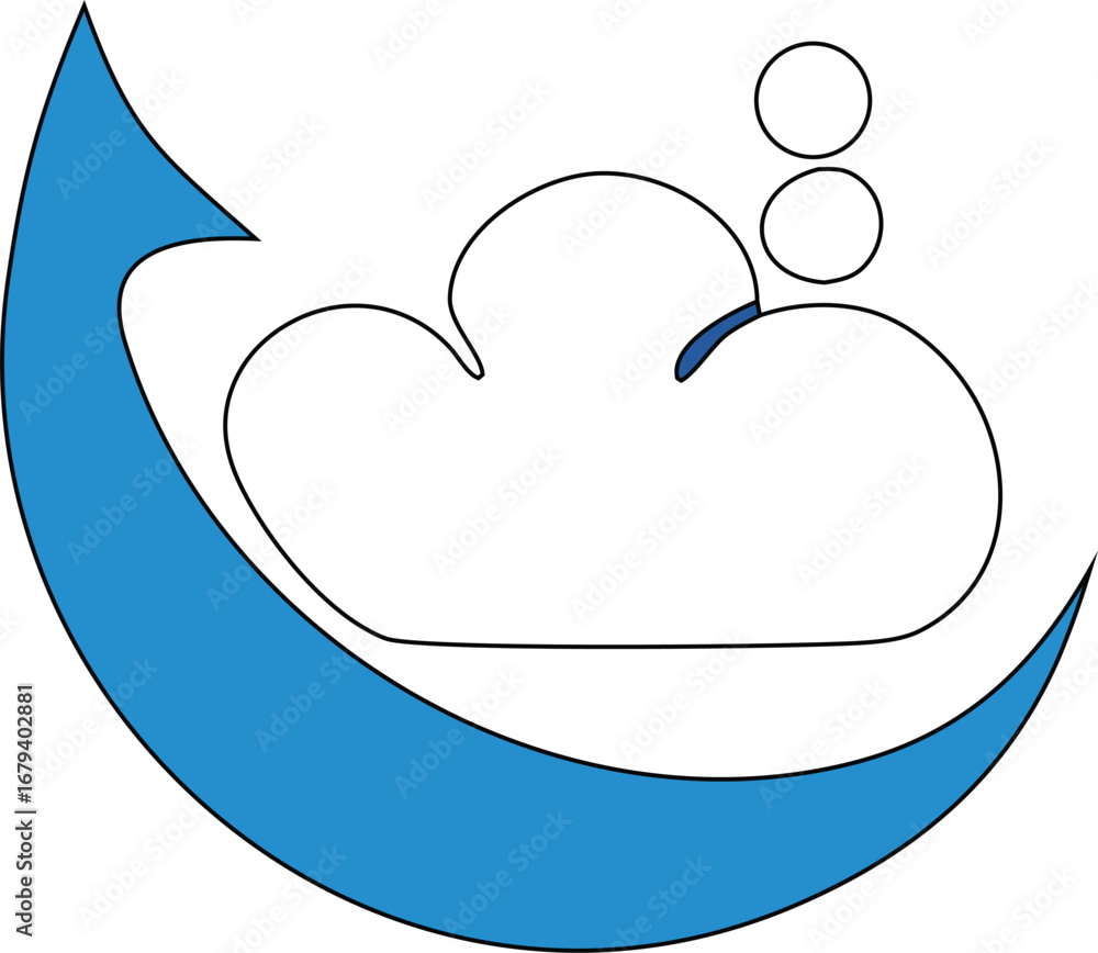 Poster abstract blue arrow swoosh encircles cloud symbol with two circles above for modern tech and data co