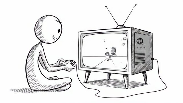 outline stickman figure sitting and playing video game in monitor with snack beside. black and white style