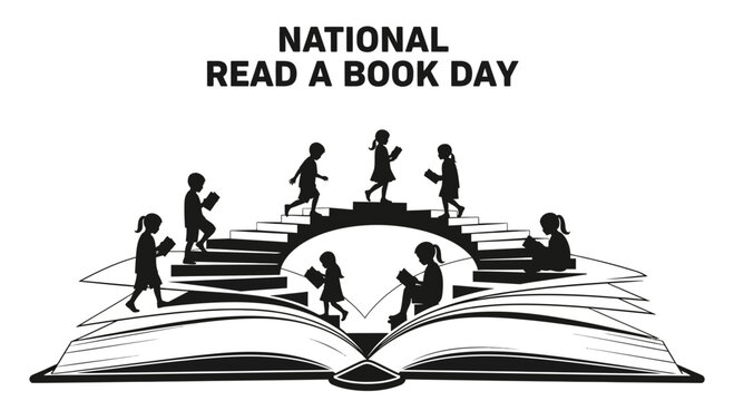 Vector art of national read a book day illustration with children reading on stairs and open book