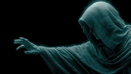 Grim reaper reaching out in darkness with space for text.