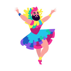 Joyful person with colorful attire dancing and celebrating with arms raised in a vibrant, expressive movement