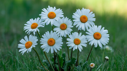 Fototapeta premium A photograph of seven pristine white daisies clustered together