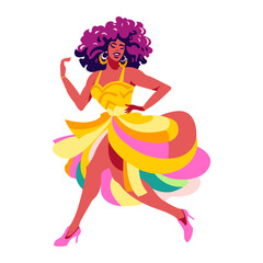 Vibrant dancer with curly hair and colorful flowing dress moves with energy and joy, celebrating festive occasions and cultural expression