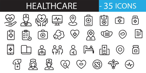 Minimalist Healthcare Icon Set – 30 Line Art Symbols for Medical Services, Wellness, Treatment, Diagnosis, Hospital Care, and Health Support – Scalable Vector Pack for Commercial Use