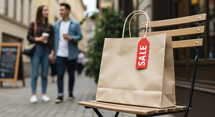 Shopping bag with sale tag on bench while couple walks in street