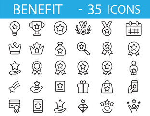 Minimalist Benefit Icon Set – 30 Line Art Symbols for Rewards, Achievements, Incentives, Recognition, Loyalty, and Success – Scalable Vector Pack for UI, Marketing, and Commercial Use