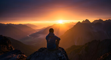 Man sitting on a mountain peak watching the sunrise