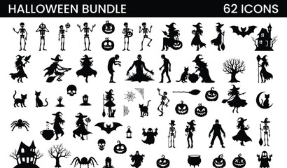 Halloween silhouette collection: skeletons, witches, pumpkins, ghosts and zombies. Vector illustration.