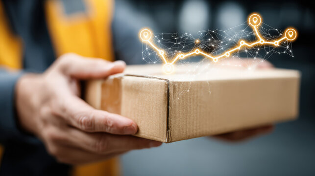 A logistics worker, with a focused expression, holds a cardboard package in a warehouse setting, surrounded by digital graphics representing delivery tracking and logistics
