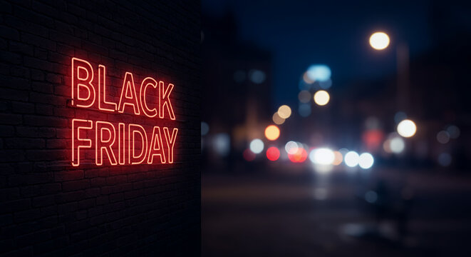 Neon sign reading "Black Friday" glowing at night in urban setting  