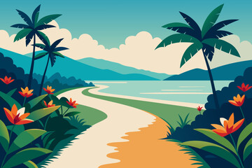 Obraz premium Tropical paradise with a winding path leading to a tranquil bay surrounded by lush foliage and palm trees under a clear sky with fluffy clouds