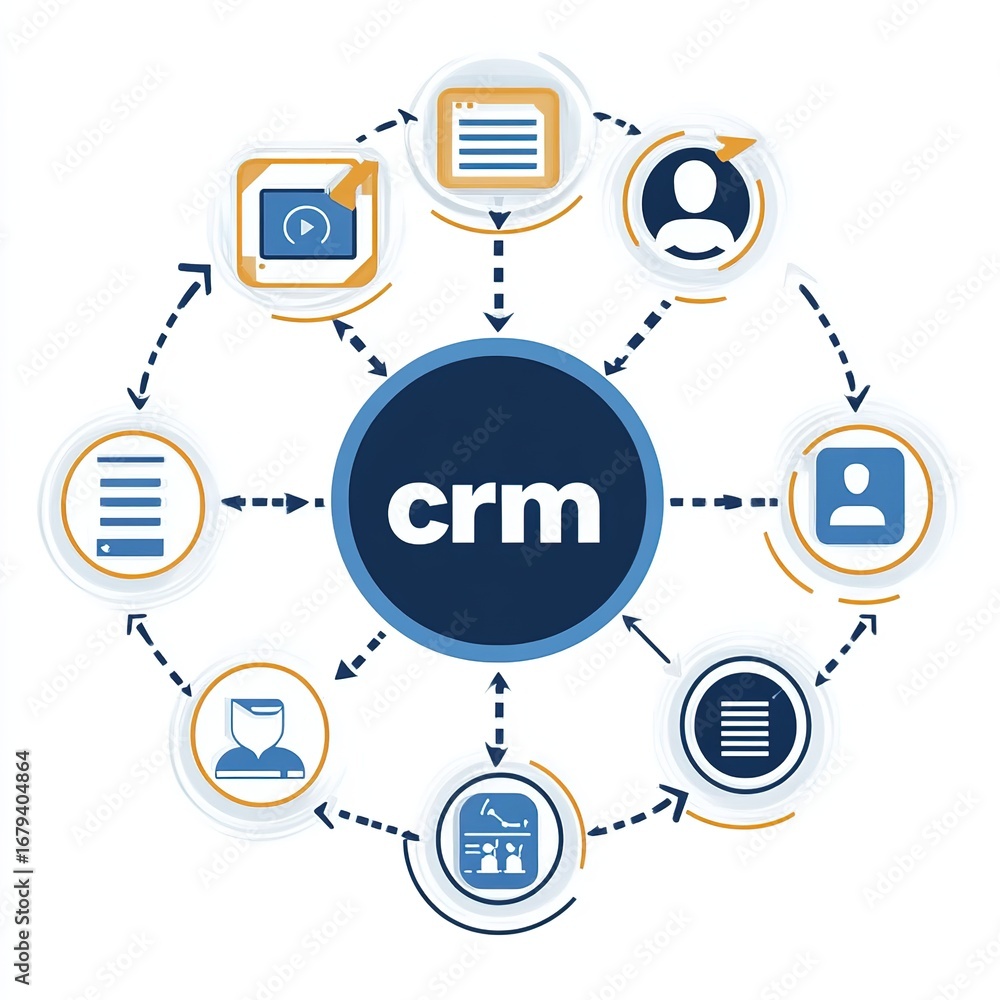 Poster crm customer relationship management data flow process vector diagram with envelope history document