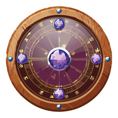 A unique magical orb with a clock-like face and a central pause button, set in an intricate golden and wooden frame with glowing purple and blue gems