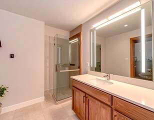 Modern bathroom interior with bright lighting