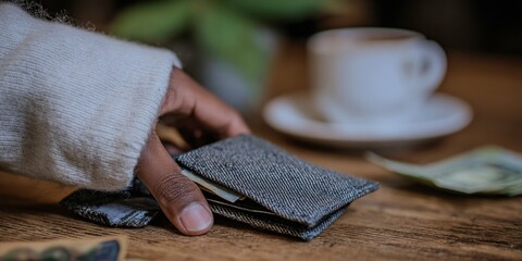 Close up of a person's hand wearing a cream knit sleeve reaching for a grey denim wallet on a wooden table