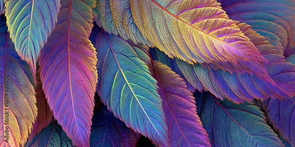 Poster vibrant abstract leaves in rainbow colors with unique textures and patterns for artistic backgrounds