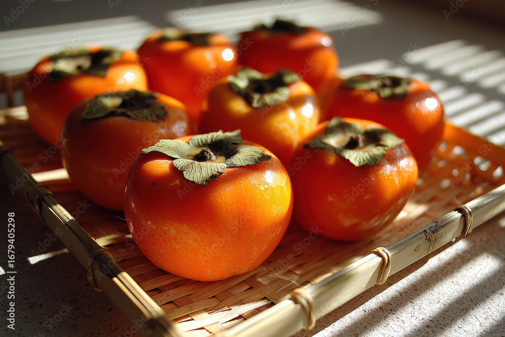 Poster a still life of ripe persimmons arranged neatly on a bamboo tray with soft sunlight casting shadows 