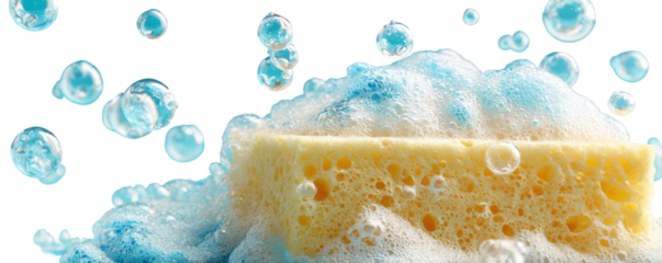 A yellow sponge is immersed in light blue suds with bubbles