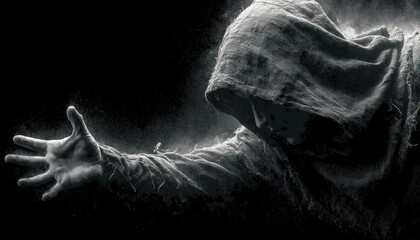 Grim reaper reaching out in darkness with space for text.
