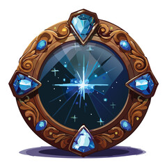 A uniquely designed magical emblem with a downward-pointing silhouette, featuring a glowing blue orb and a powerful starburst, a celestial fantasy game asset