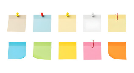 Collection of ten colorful sticky notes with pushpins and paperclips on a white background, perfect for reminders and organization