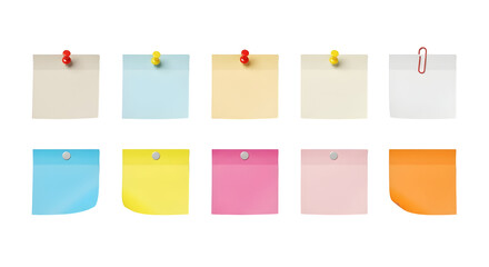 A collection of colorful sticky notes, each pinned or clipped to an unseen surface, perfect for reminders and organization