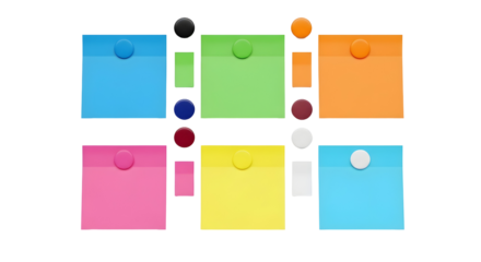 Colorful square sticky notes and push pins on a white background, symbolizing organization and reminders