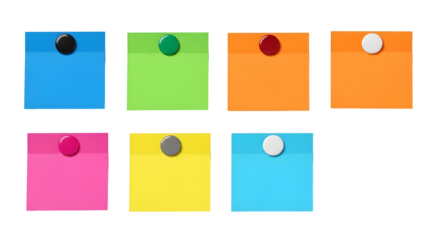 Colorful square sticky notes with push pins on a white background, flat design