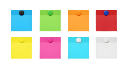 Collection of brightly colored sticky notes pinned with round tacks on a clean white background