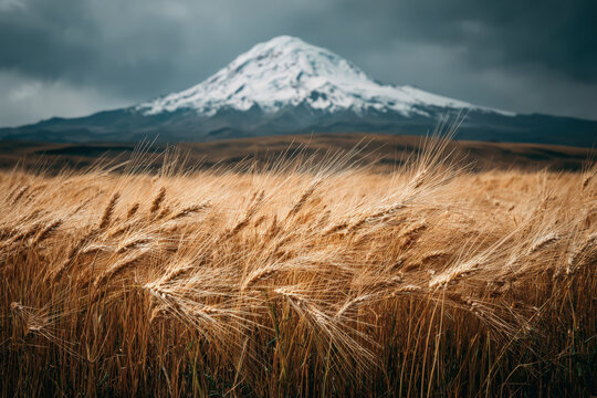 Golden wheat fields sway gently in the wind with a dramatic snow-capped mountain looming in the background under a moody sky - Powered by Adobe