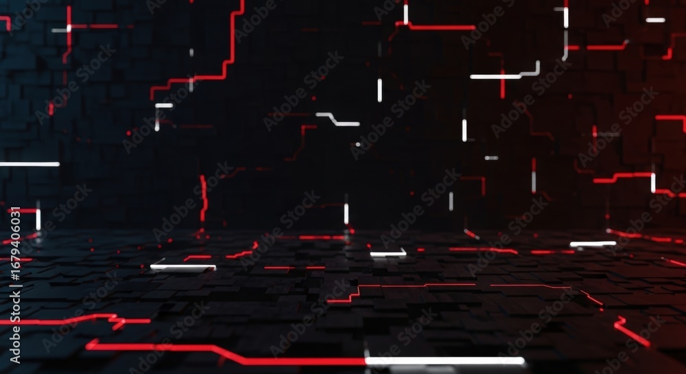 Poster futuristic seamless digital glitch loop background with glowing red and white lines