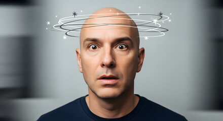 A bald man with wide eyes and a surprised expression, with animated swirling stars around his head, against a blurry background.