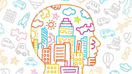 Obraz premium Cityscape inside a head outline surrounded by colorful drawings of objects on a white background design