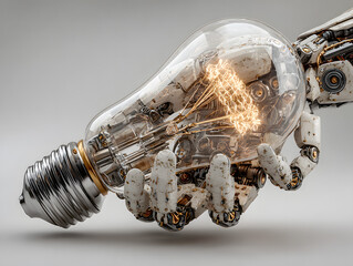 Realistic robotic hand holding a glowing light bulb against a plain background