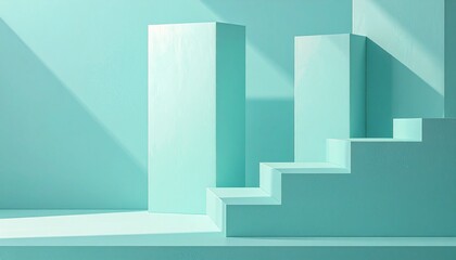 Fototapeta premium Minimalist Aqua Geometry: Abstract Blocks and Staircase with Soft Light