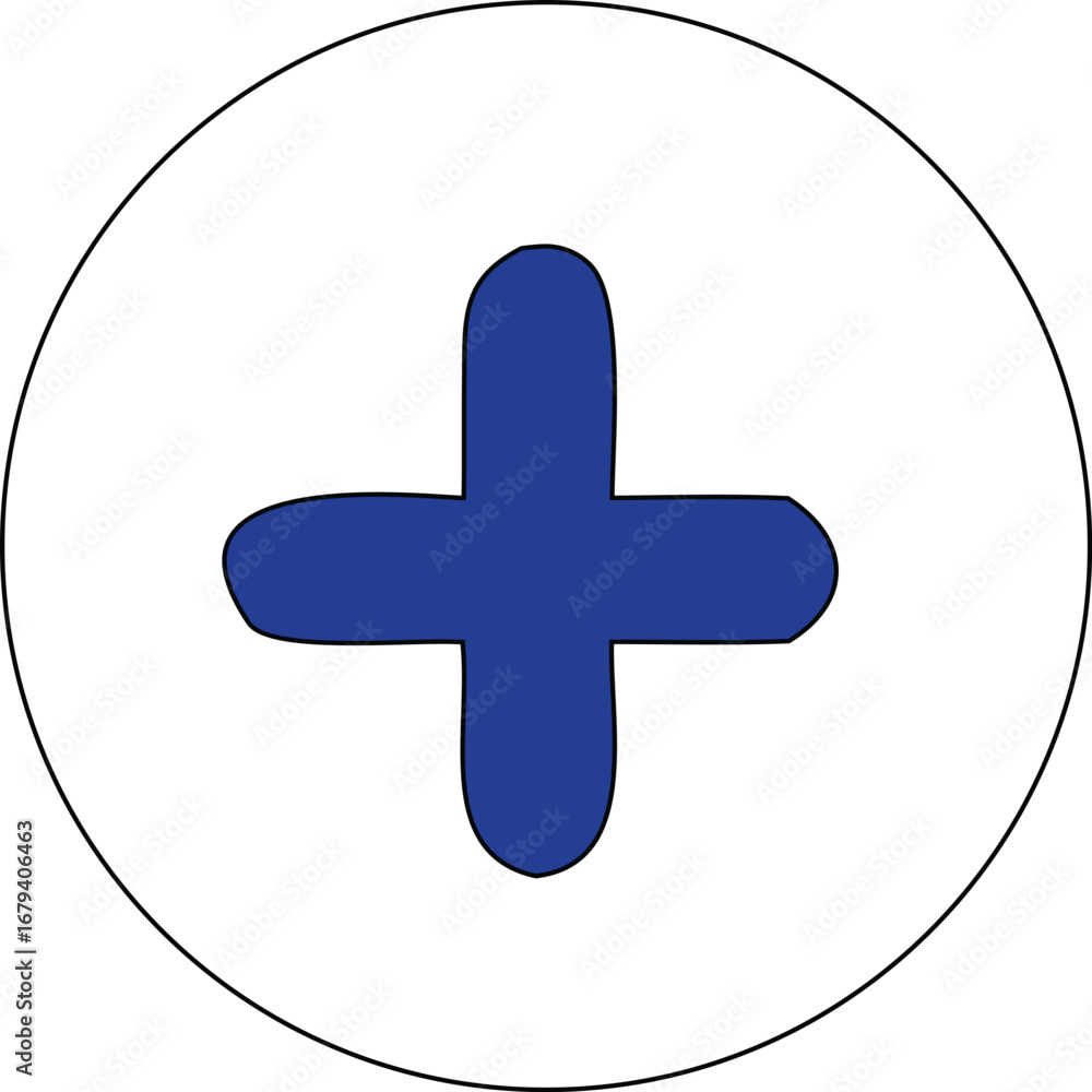 Aufkleber simple blue cross symbol inside a white circle with a thin black outline representing addition or pl