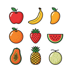 A vibrant collection of fresh and juicy fruit illustrations in a flat cartoon style, representing a healthy diet and organic food