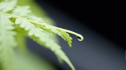 Fototapeta premium A delicate water bead glistens on a vivid green fern frond tip against a dark soft background