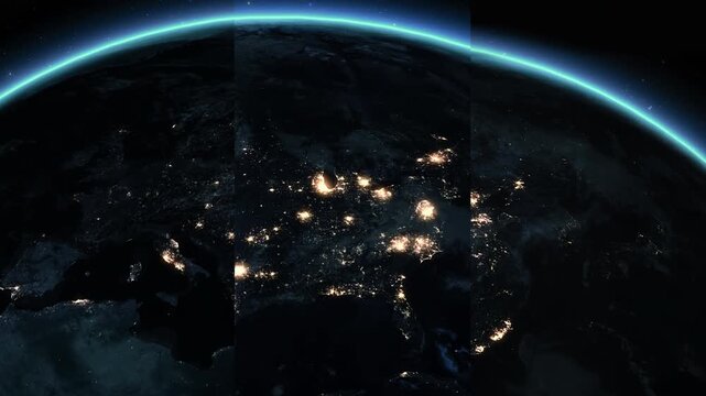 View Of The Earth Rotating With Asia, North America, And Europe Going Dark As City Lights Turn Off, Showing A Planetary Blackout And Global Power Outage Scenario.