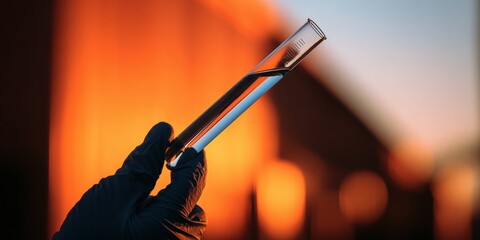 Gloved hand holding a clear glass test tube with liquid against a vibrant orange and subtle blue background