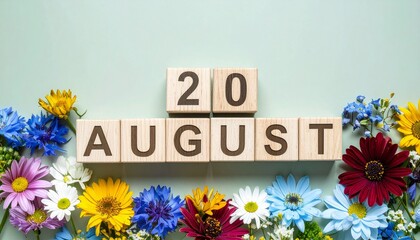Wooden Blocks with Date 20 August. Floral Calendar – Vibrant Flowers on Solid Colored Background