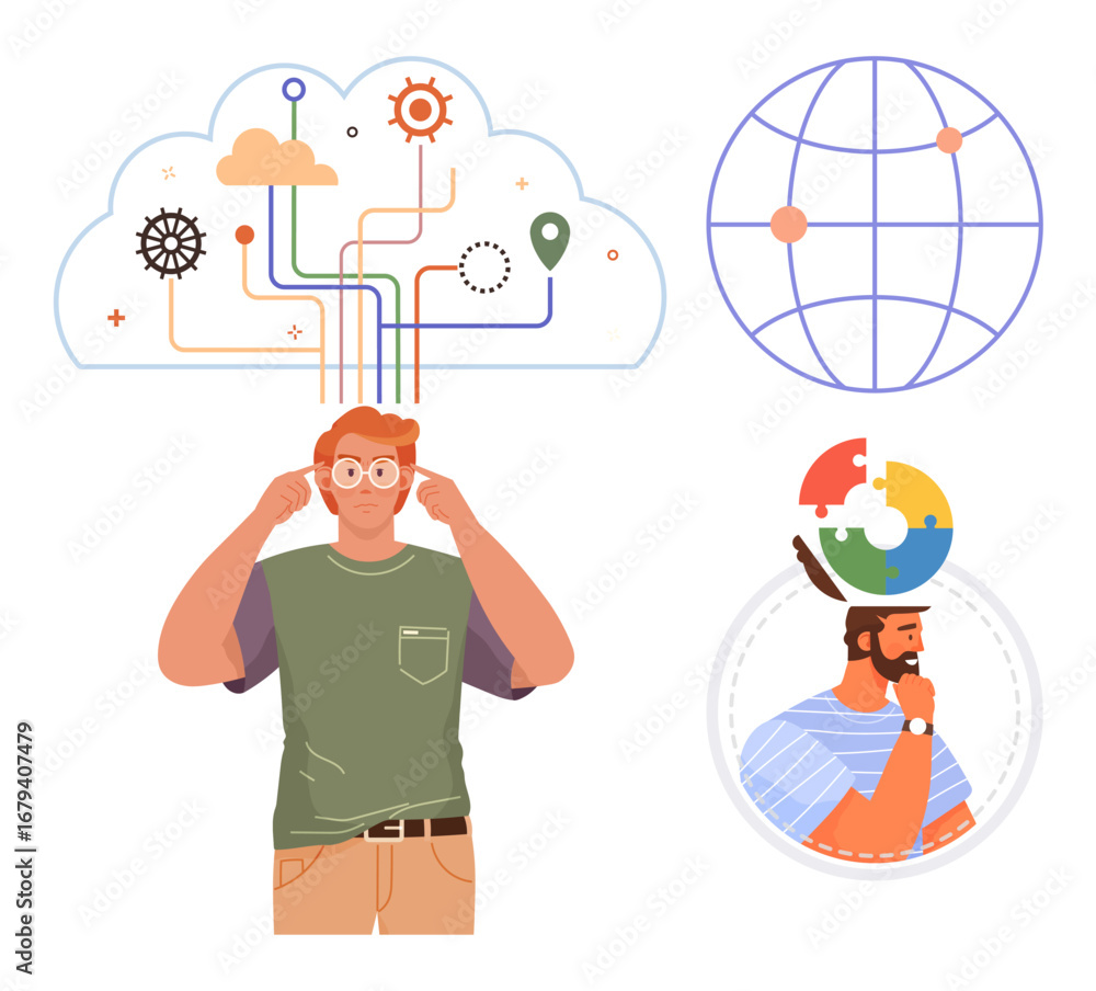 Poster man brainstorming beneath a cloud of technology paths, global grid, and puzzle brain concept. ideal 