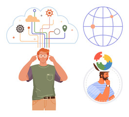 Man brainstorming beneath a cloud of technology paths, global grid, and puzzle brain concept. Ideal for innovation, problem-solving, knowledge sharing, global impact, teamwork, connectivity