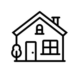 Simple line art illustration of a house with a chimney and a tree next to it