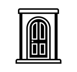 Elegant arched doorway with double doors and a central knob, depicted in a clean, minimalist black and white icon style