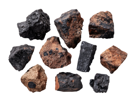 Collection of fragmented, dark and light-colored rocks, uneven shapes, various sizes
